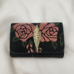 Kismet Stingray Leather Floral Rose Clutch Wallet Tri-fold Black Pink